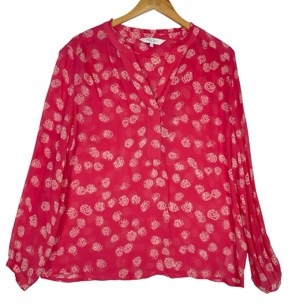 Part Two Hella Blouse Sheer Pink Floral‎ Henley Sz 8 Ruffle Detail Feminine Boho